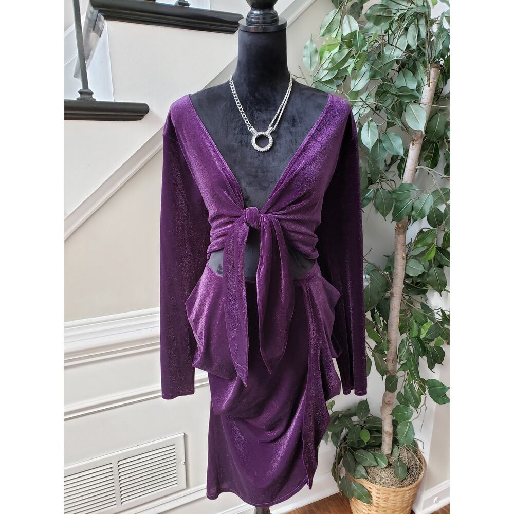 FTF Lab Knee Length Dress Women's 2X Purple Glitter Shimmer Long Sleeve Tie